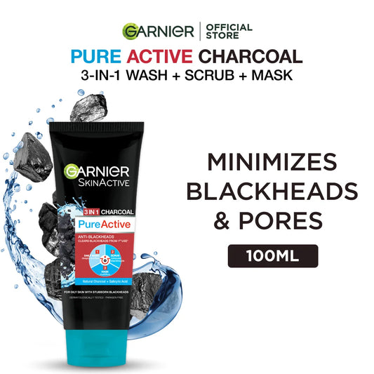 Garnier Pure Active 3 In 1 Charcoal Blackhead Face Wash Mask Scrub - 100ml