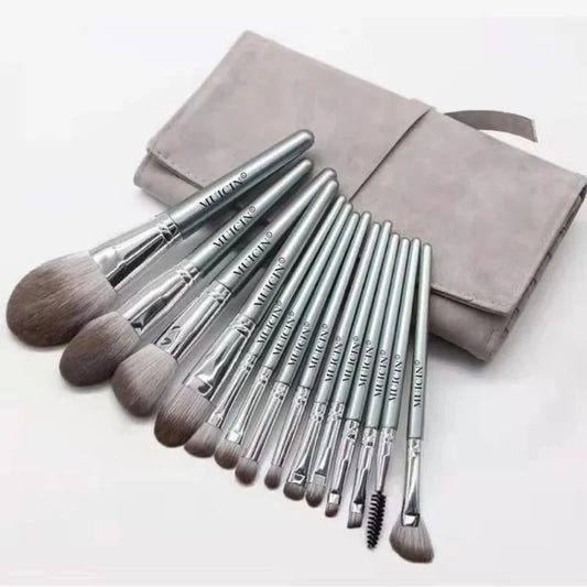 Muicin Grey Leather Pouch Eye Face With Fan Makeup Brush Set 14 Pieces