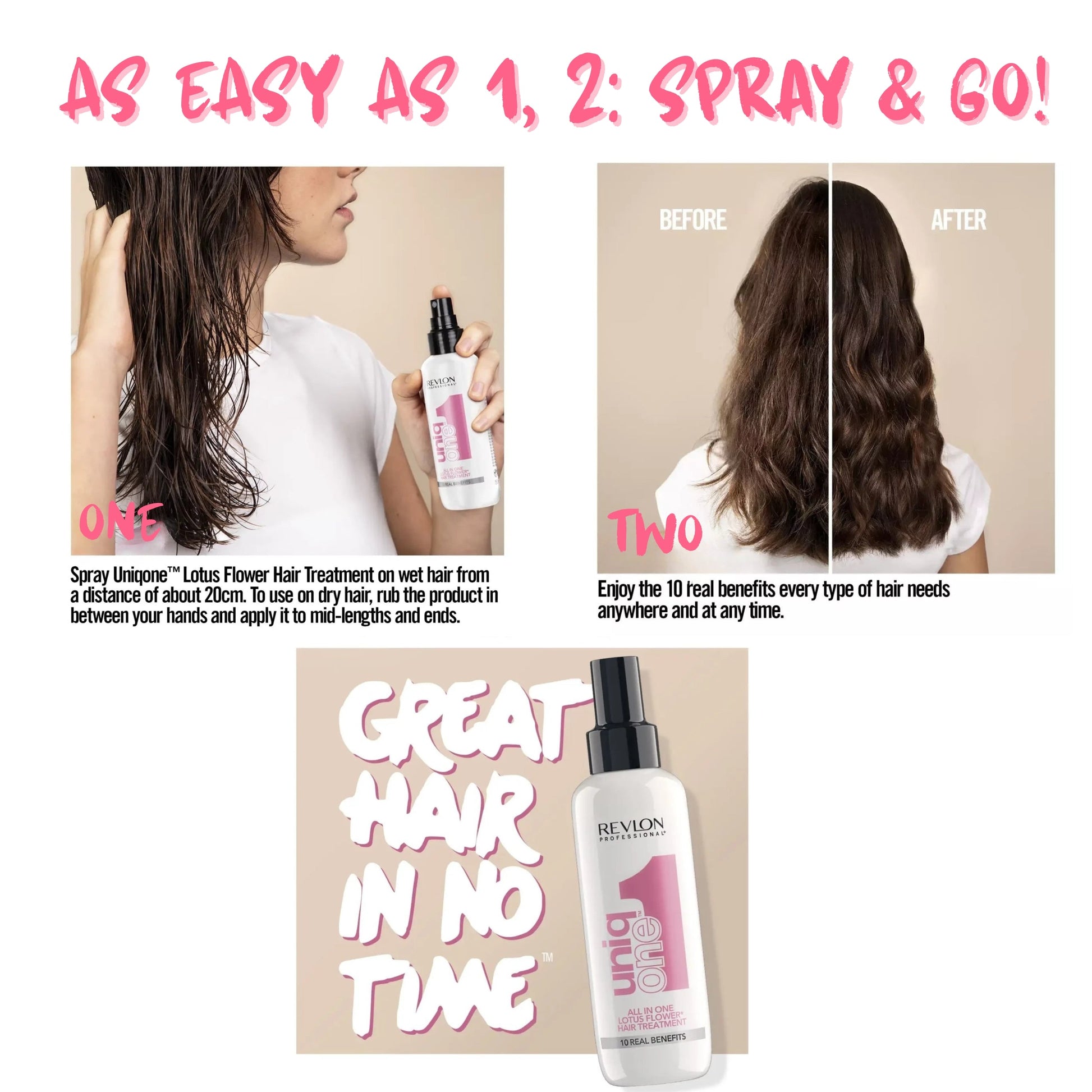 Revlon Professional UniqONE™ Repair Hair Spray Leave-In Treatment - 150ml - "All-in-One" 10 Benefits Hair Serum - Lotus Fragrance