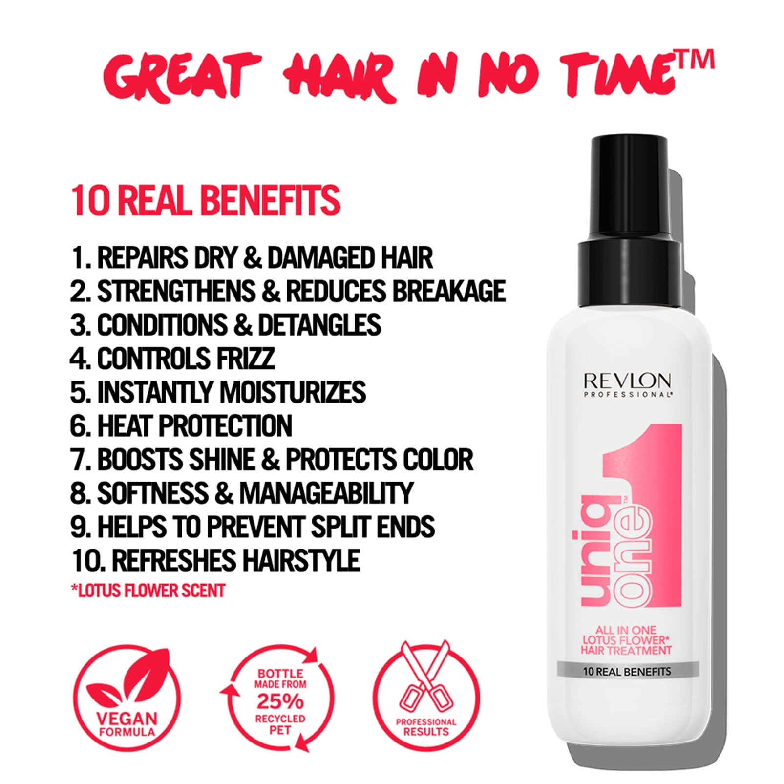 Revlon Professional UniqONE™ Repair Hair Spray Leave-In Treatment - 150ml - "All-in-One" 10 Benefits Hair Serum - Lotus Fragrance