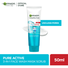 Garnier Pure Active 3 In 1 Face Wash Mask Scrub - 50ml